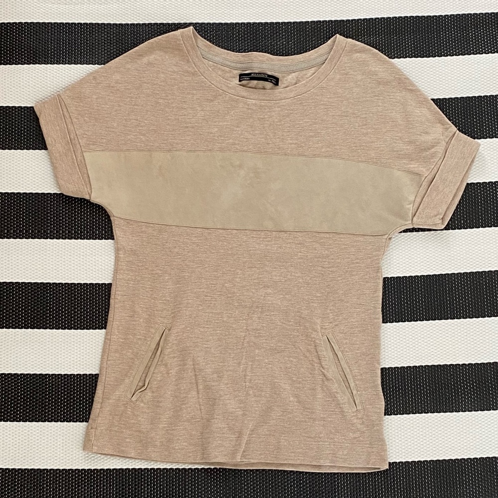 All Saints Diego Suede Accent Roll Sleeve Tee